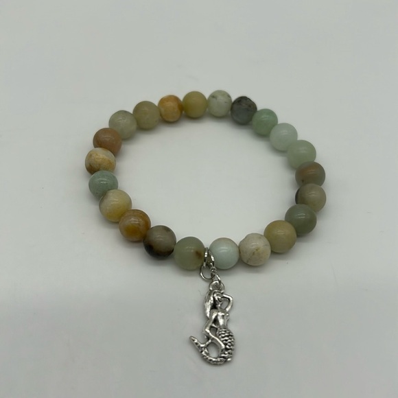 1915- Amazonite Beaded Stretch Bracelet with Silver Mermaid Charm-Calming Stone - Picture 3 of 6